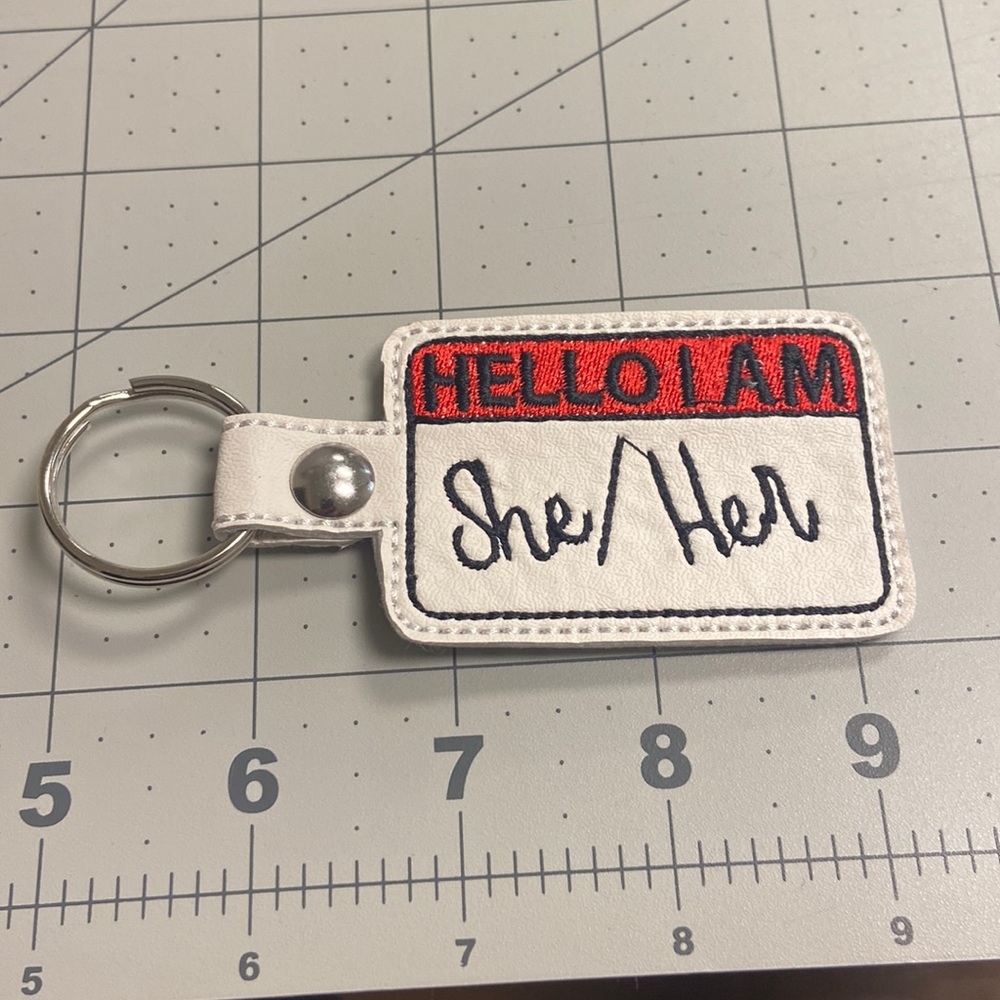 Handmade Embroidered Vinyl She/Her Key Fob